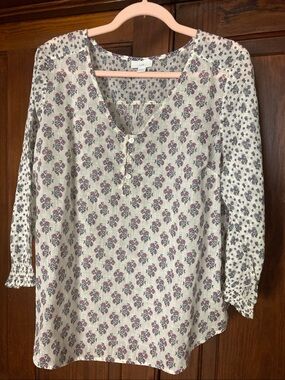 J. Jill Madeira Pintuck Paisley Blouse Tunic Puff Sleeve Top Pink Blue Size L